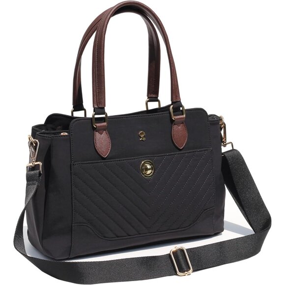 Stylish Black Nylon Leather Large Tote Crossbody Bag for Women with Multiple Poc - Picture 1 of 8